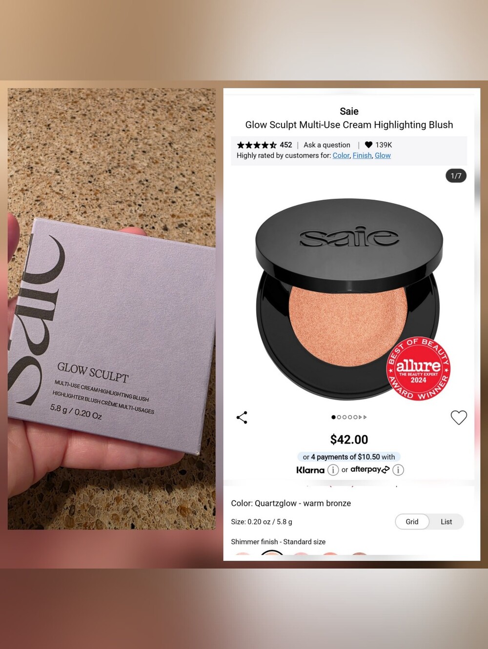 Saie Glow Sculpt Cream Highlighter Blush — quartz glow